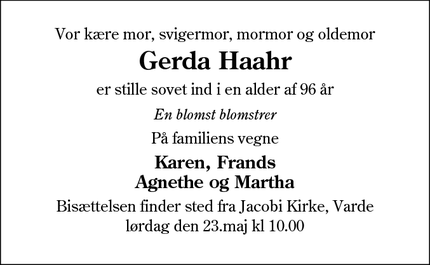 Dødsannoncen for Gerda Haahr - Varde