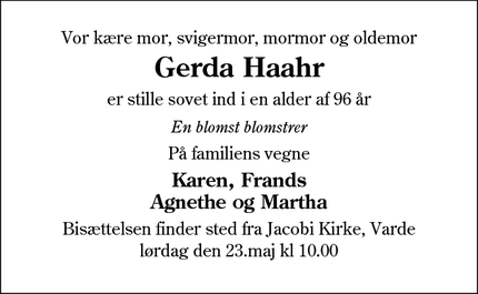 Dødsannoncen for Gerda Haahr - Varde