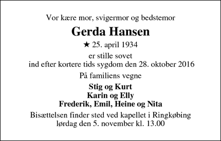 Dødsannoncen for Gerda Hansen - Ringkøbing