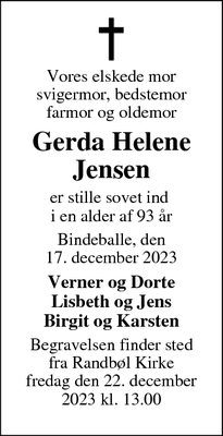 Dødsannoncen for Gerda Helene Jensen - Randbøl