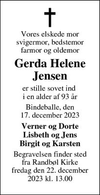 Dødsannoncen for Gerda Helene Jensen - Randbøl