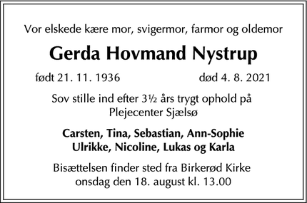 Dødsannoncen for Gerda Hovmand Nystrup - Birkerød