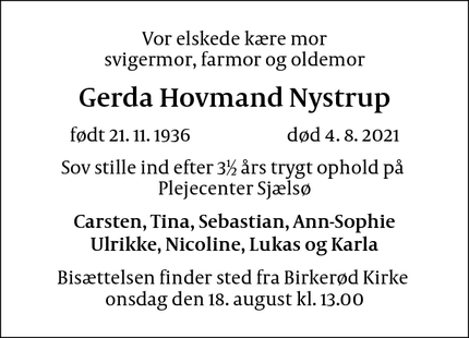 Dødsannoncen for Gerda Hovmand Nystrup - Birkerød