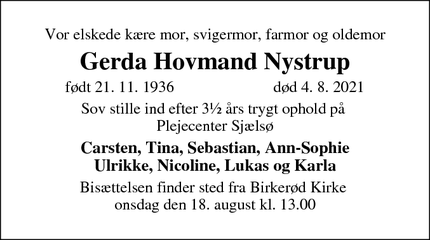 Dødsannoncen for Gerda Hovmand Nystrup - Birkerød