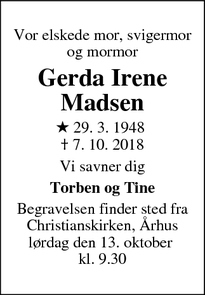 Dødsannoncen for Gerda Irene Madsen - Aarhus, Danmark
