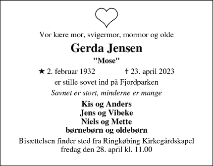 Dødsannoncen for Gerda Jensen - Ringkøbing