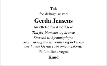 Taksigelsen for Gerda Jensens - Aale