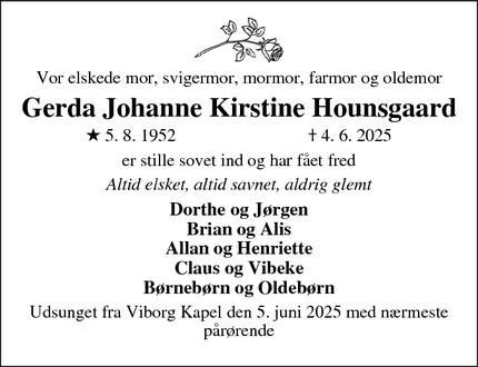 Dødsannoncen for Gerda Johanne Kirstine Hounsgaard - Silkeborg