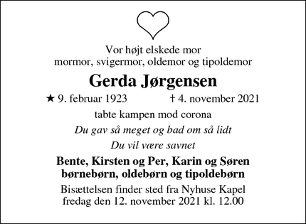 Dødsannoncen for Gerda Jørgensen - Hillerød