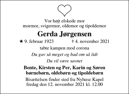 Dødsannoncen for Gerda Jørgensen - Hillerød
