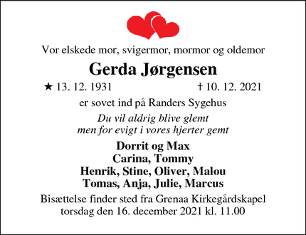 Dødsannoncen for Gerda Jørgensen - Grenaa