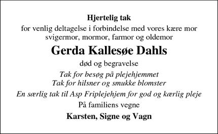 Taksigelsen for Gerda Kallesøe Dahls - Struer