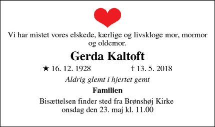 Dødsannoncen for Gerda Kaltoft - Brønshøj