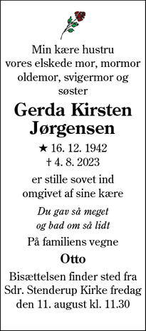 Dødsannoncen for Gerda Kirsten Jørgensen - Almind