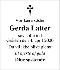 Dødsannoncen for Gerda Latter - Adsbøl