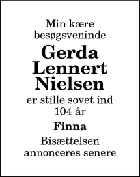 Dødsannoncen for Gerda Lennert Nielsen - Skørping
