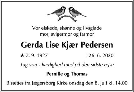 Dødsannoncen for Gerda Lise Kjær Pedersen - Gentofte