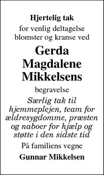 Taksigelsen for Gerda Magdalene Mikkelsens - Thorning