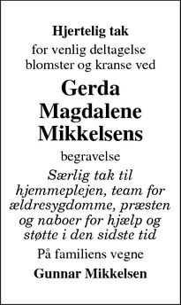Taksigelsen for Gerda Magdalene Mikkelsens - Thorning