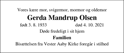 Dødsannoncen for Gerda Mandrup Olsen - vester aaby
