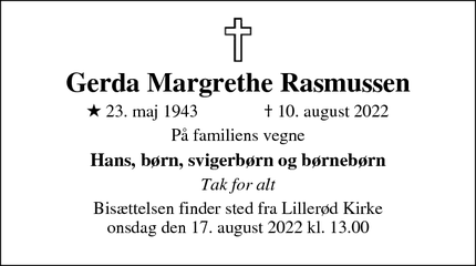 Dødsannoncen for Gerda Margrethe Rasmussen - Allerød