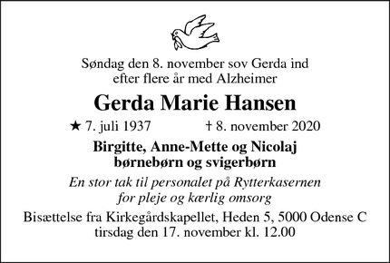 Dødsannoncen for Gerda Marie Hansen - Odense