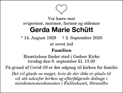 Dødsannoncen for Gerda Marie Schütt - Gedser