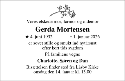 Dødsannoncen for Gerda Mortensen - Låsby