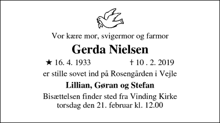 Dødsannoncen for Gerda Nielsen - Vejle