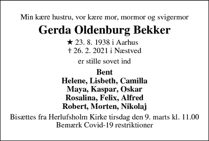 Dødsannoncen for Gerda Oldenburg Bekker - Næstved