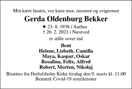 Dødsannoncen for Gerda Oldenburg Bekker - Næstved