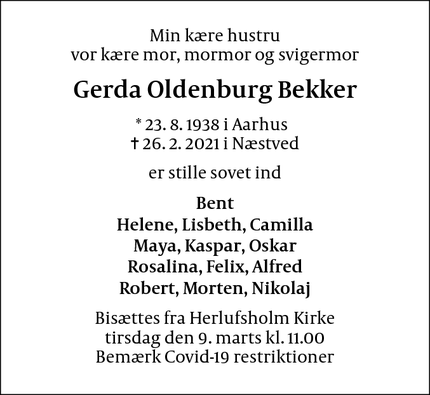 Dødsannoncen for Gerda Oldenburg Bekker - Næstved