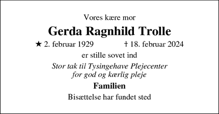 Dødsannoncen for Gerda Ragnhild Trolle - Vipperød