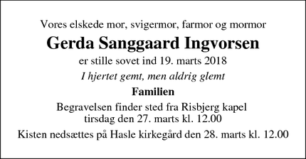 Dødsannoncen for Gerda Sanggaard Ingvorsen - Valby