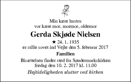 Dødsannoncen for Gerda Skjøde Nielsen - Vejle
