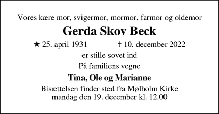 Dødsannoncen for Gerda Skov Beck - Vejle
