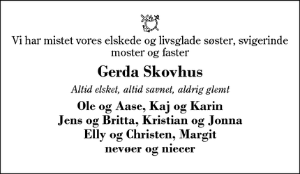 Dødsannoncen for Gerda Skovhus - Simmelkær