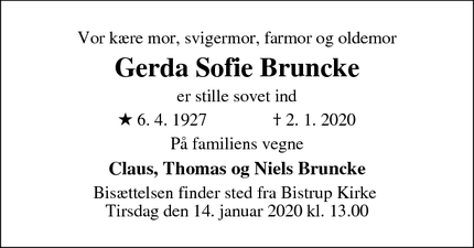 Dødsannoncen for Gerda Sofie Bruncke - Birkerød
