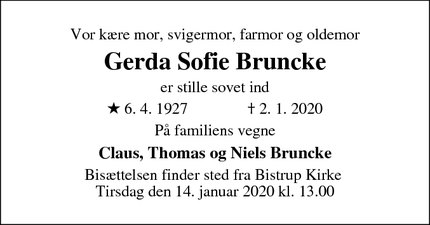 Dødsannoncen for Gerda Sofie Bruncke - Birkerød