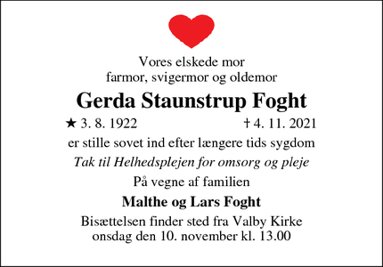 Dødsannoncen for Gerda Staunstrup Foght - Ørby 3210 Vejby