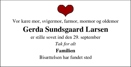 Dødsannoncen for Gerda Sundsgaard Larsen - Gudme