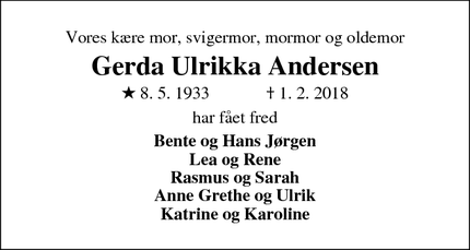 Dødsannoncen for Gerda Ulrikka Andersen - Videbæk, Danmark