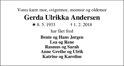 Dødsannoncen for Gerda Ulrikka Andersen - Videbæk, Danmark