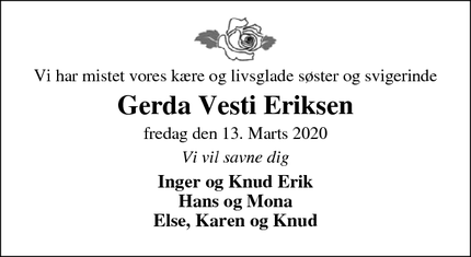 Dødsannoncen for Gerda Vesti Eriksen - Sdr. Omme