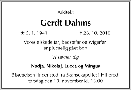Dødsannoncen for Gerdt Dahms - Græsted