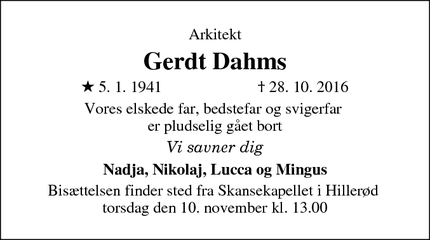 Dødsannoncen for Gerdt Dahms - Græsted