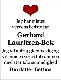 Dødsannoncen for Gerhard Lauritzen-Bek - Aabenraa