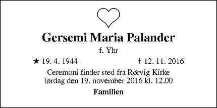 Dødsannoncen for Gersemi Maria Palander  - Rørvig
