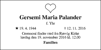 Dødsannoncen for Gersemi Maria Palander  - Rørvig