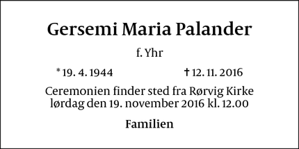 Dødsannoncen for Gersemi Maria Palander  - Rørvig